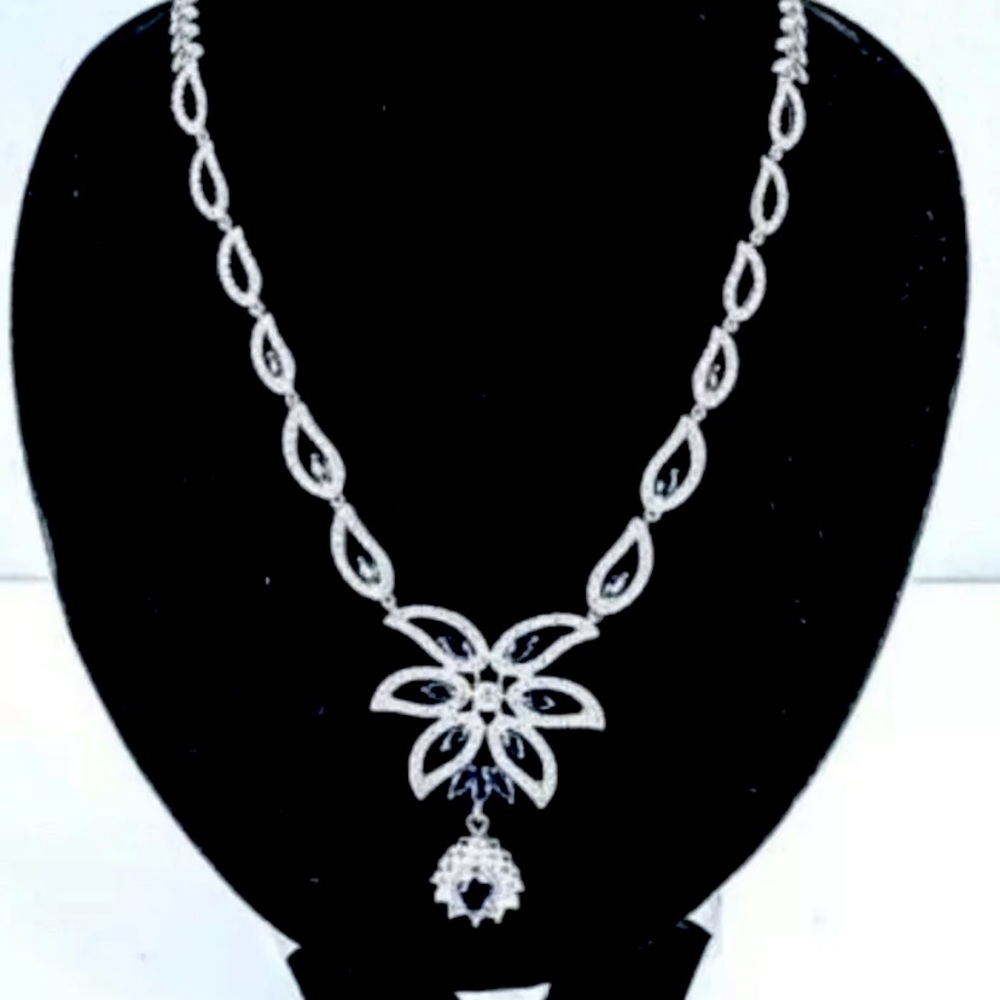 925 Silver Fancy Leaf Style Necklace & Pear Pendant Sapphire Blue w Swarovski